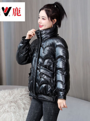 雅鹿羽绒服女2023冬装新款宽松亮皮免洗羽绒服防寒保暖外套黑色s80100