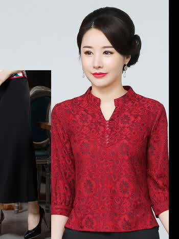 唐装改良版女时尚蕾丝旗袍唐装上衣喜婆婆妈妈婚宴服套装一套上衣阔腿