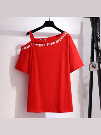 帕曼尼200斤特大码女装胖mm夏季一字肩印花露肩t恤韩版小心机上衣红色