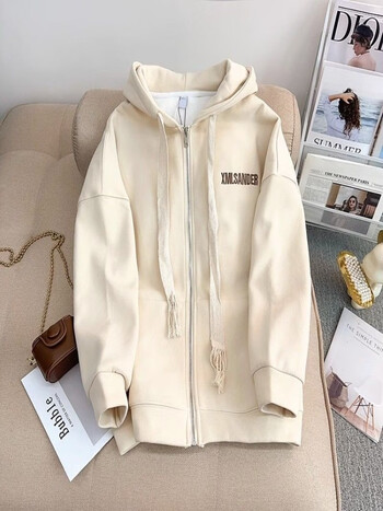 款美式拉链运动开衫外套学院风连帽款卫衣女秋冬季米色m适合8500斤