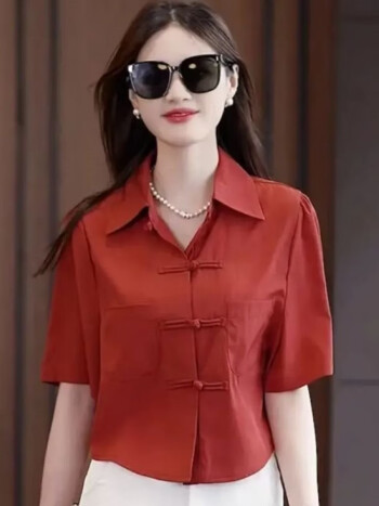 zh裳影服饰商行2023夏季中国风色盘扣短袖衬衫宽松气质上衣小衫女铁锈