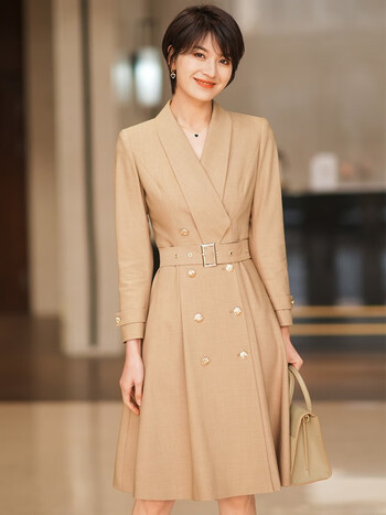 ad卡其色西装连衣裙女2022春装新款职业气质收腰显瘦大摆裙子卡其色