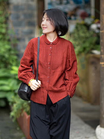 小众2023秋冬新款文艺棉麻女装14支铁锈红宽松亚麻衬衫长袖上衣女铁锈