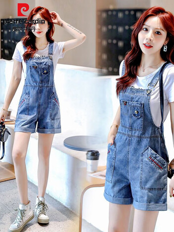 皮尔卡丹pierrecardin牛仔背带短裤女2024年夏季新款韩版宽松洋气减龄
