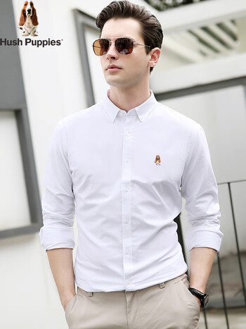 暇步士纯棉长袖衬衫男士春季新款时尚商务休闲中青年免烫纯色衬衣白色