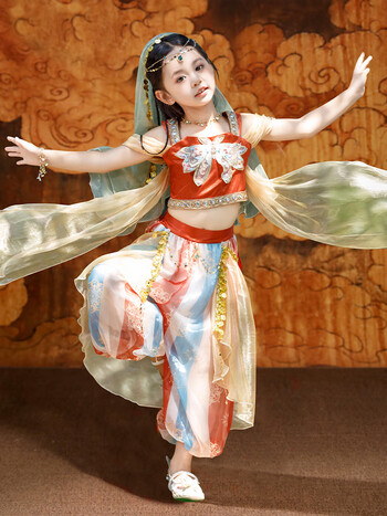 橙央敦煌飞天汉服西域公主女童异域风情乐鼓服装儿童古典舞蹈服演出服