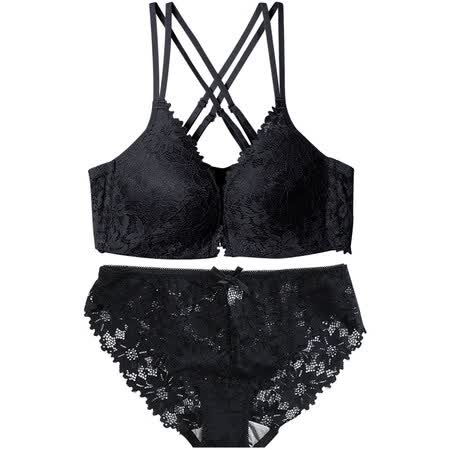 上托性感蕾丝小胸少女美背内衣套装女无钢圈白色胸罩 黑色【套装】