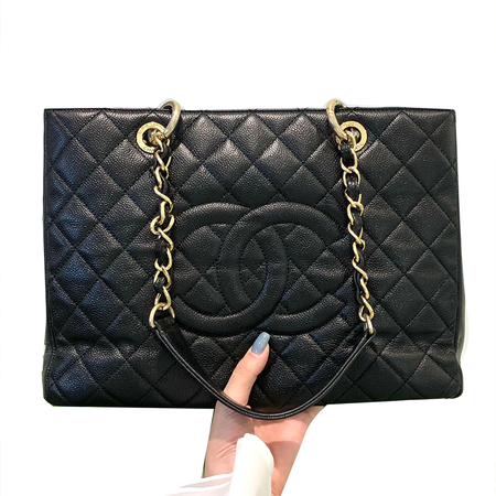 二手95新chanel香奈儿gst黑金荔枝皮单肩包女士包包95新单肩包