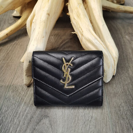 二手95新ysl圣罗兰黑金荔枝皮短款女士女款钱包钱夹