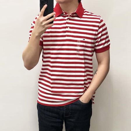 Tommy Hilfiger汤米 男士新款翻领短袖修身微弹条...