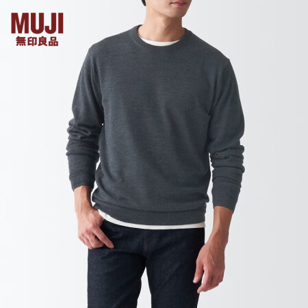 无印良品（MUJI）男式 美利奴羊毛 可水洗 圆领毛衣 AA...