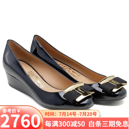 菲拉格慕（Ferragamo）女鞋漆皮蝴蝶结方扣低跟休闲芭蕾...