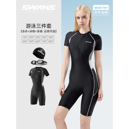 SWANS泳衣女款2025年新款五分连体泳衣短袖防晒微胖遮肉...
