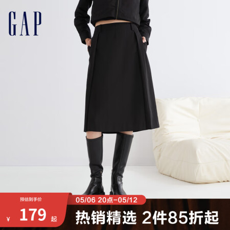 Gap女装通勤宽松A字型半身裙836312气质中长半裙 黑色...