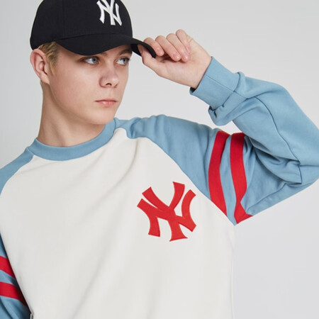 美职棒卫衣字母标印花拼色圆领男女款套头衫 蓝色/50u 85