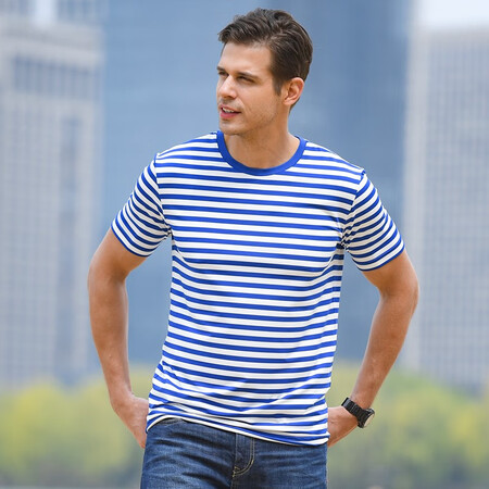 coolmax海魂衫男款条纹短袖t恤半袖夏季水手服圆领情侣衫 海军蓝-男