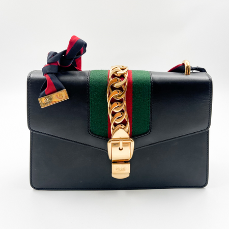 【二手95新】gucci古驰女包 sylvie塞尔维亚 中号 黑色牛皮 单肩包l