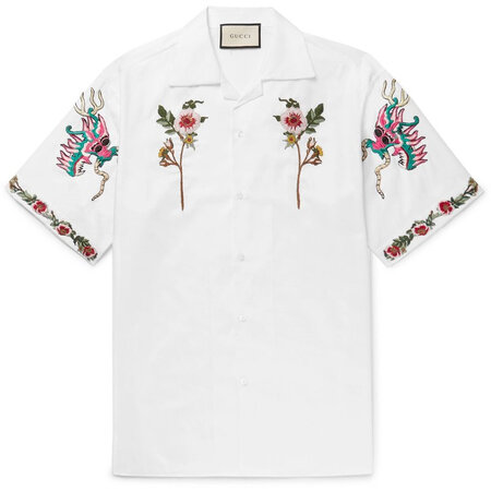 古驰/男装 camp-collar 刺绣棉质牛津衬衫 28875 white 46 (意大利码)