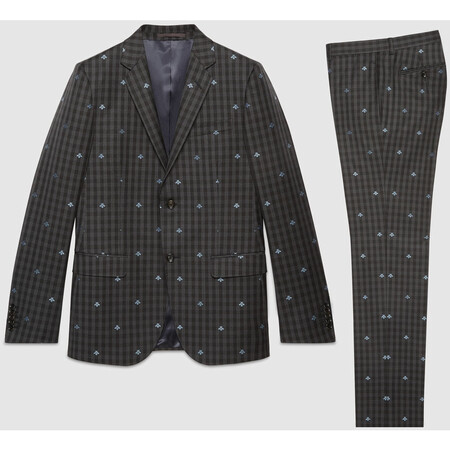 古驰gucci 奢侈品男士 monaco蜜蜂羊毛格纹西装 深灰色/黑色羊毛 48