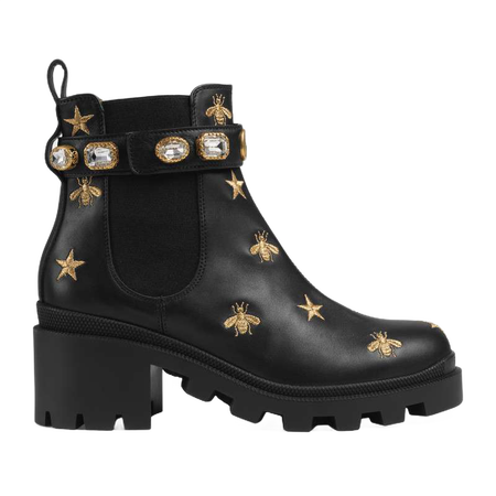 gucci古驰女鞋刺绣皮革饰带踝靴高跟鞋短靴557735 ayo10 1000黑色小