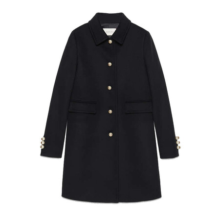 全球购 gucci古驰gucci女士时尚新款丝衬里羊毛单排扣黑色大衣410535