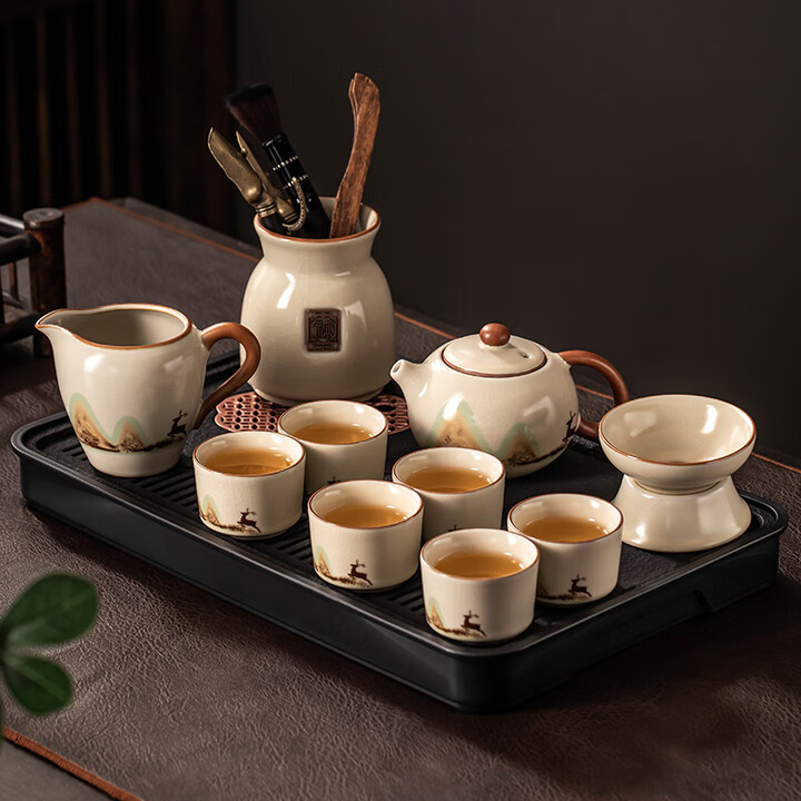 瓷牌茗茶具汝窑茶具套装家用办公室高档陶瓷功夫盖碗茶壶茶杯泡茶整套 鹿过山丘西施壶10件+道+小观云盘【图片 价格 品牌 报价】-京东