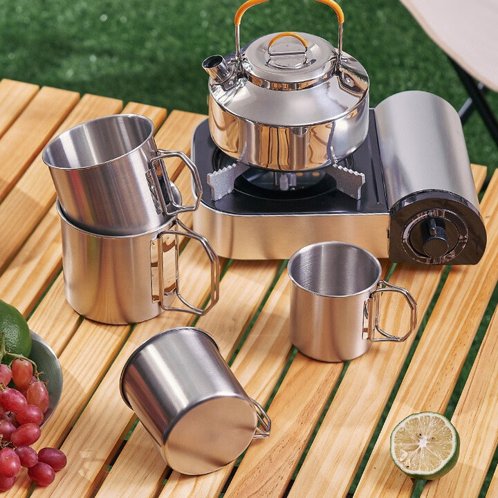 鹿险家户外水杯便携式露营杯304不锈钢折叠杯套杯耐高温茶杯野营杯套装 4杯+网袋（杯杯相套）