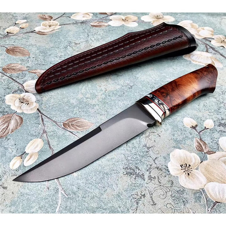 印度乌兹钢大马士革直刀一体切割刀胚穿心柄酸洗乌灰纹刀身黄铜白铜稳定化俄罗斯猛犸牙沙漠铁木瘤疤刀柄