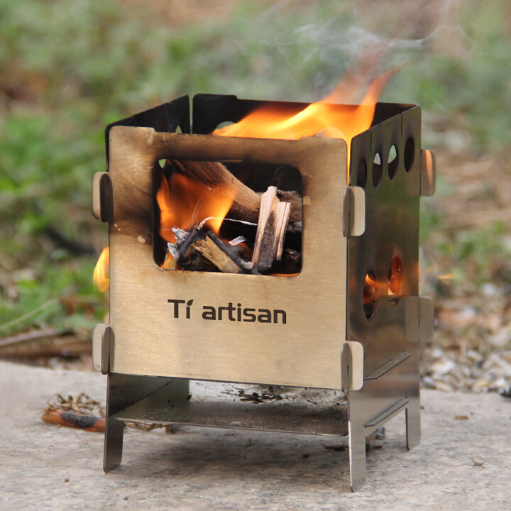 Ti artisan/钛工匠户外不锈钢四方木柴炉子酒精炉便携炉灶灶台野外插卡式炉