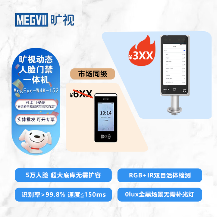 旷视旷视MegEye-W4K-I53可刷卡 I5系列5寸动态人脸门禁机多人识别密码 旷视I52 基础款5000用户不带刷卡