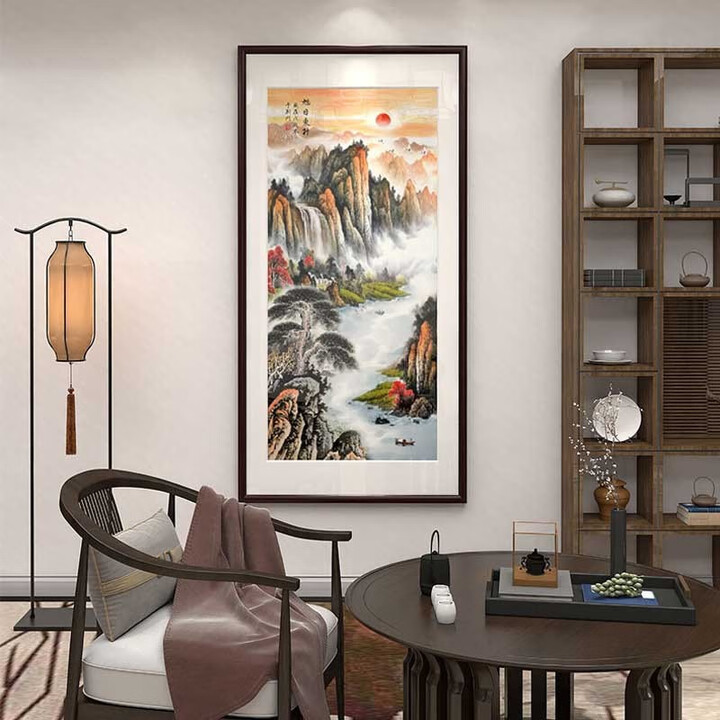 质朗迎客松挂画新中式入户玄关走廊过道装饰画竖版风景山水画客厅壁画 C款-旭日东升 带框90*180厘米 红木色实木框【图片 价格 品牌 报价】-京东