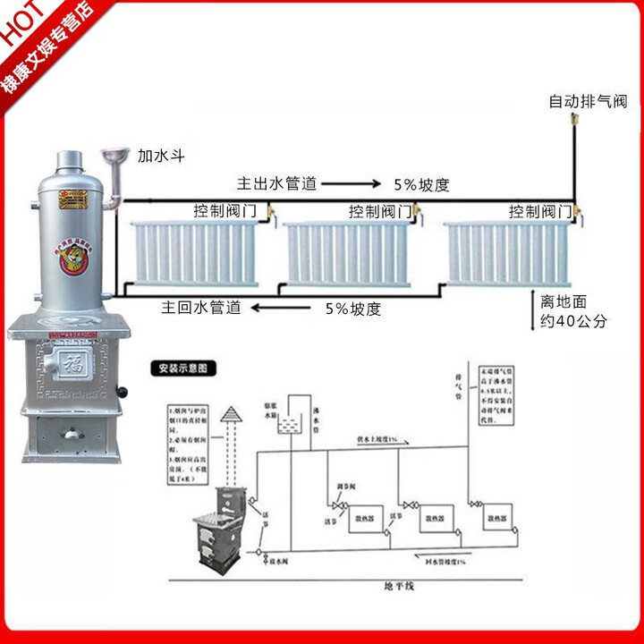铭汇通【2023新款】冬季取暖炉子带暖气片新款烧煤气化炉带暖气片节能炉 大号炉子带3个暖气片带配件