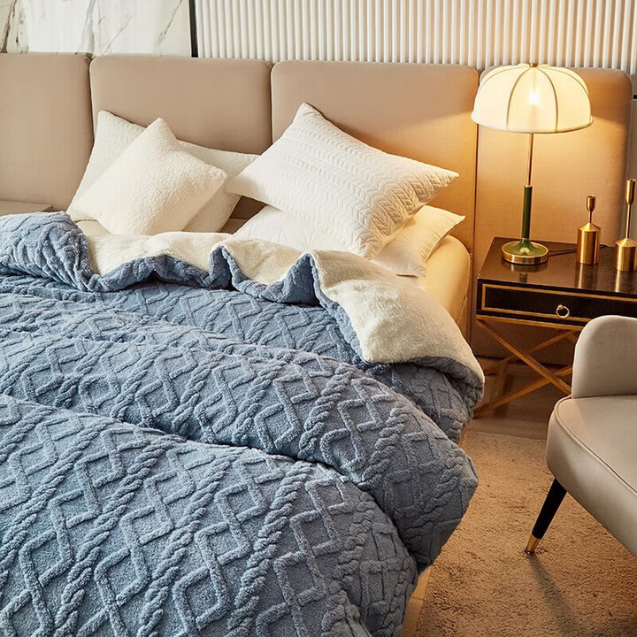 Erwin Rommel塔芙绒+羊羔绒多功能被套毯子 毛毯盖毯 秋冬保暖双层加绒多功能 被套毯-雾蓝-塔芙绒+羊羔绒 180x200cm-约3 ...