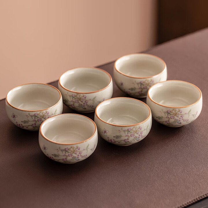 瓷牌茗茶具米黄汝窑茶杯家用陶瓷个人专用主人杯开片可养品茗杯茶盏 米黄汝窑桃枝秾粉品茗杯-六杯【图片 价格 品牌 报价】-京东