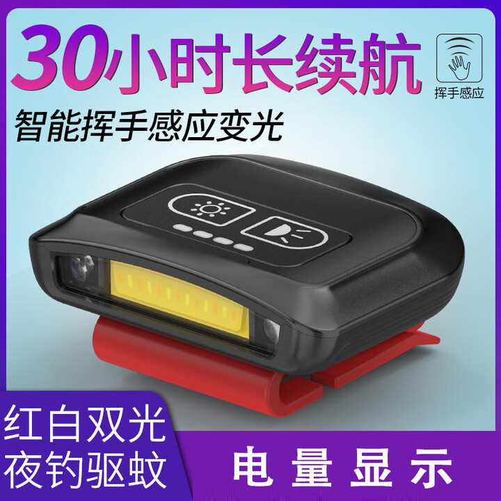 夜眼强光感应头灯帽夹灯小巧可携式轻量防水龙头戴式白光照明红光驱蚊