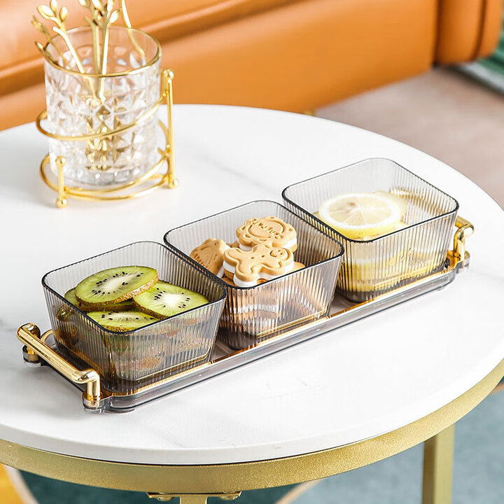 家用客厅零食点心小吃分格盘收纳盒会所ktv水果拼盘竖纹三格果盘烟灰