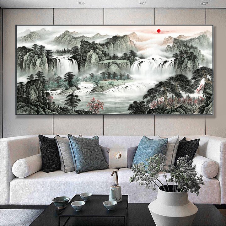 聚宝盆山水画中式国画办公室风景挂画客厅装饰字画沙发背景墙壁画 03款-八方聚财 含框尺寸210高90cm-顺丰入户 【亮面晶瓷】金框（95%客 ...