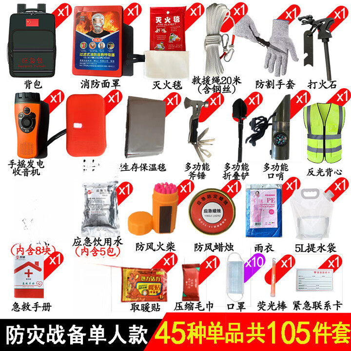 Pauline Pesery应急救援包家庭物资储备包全套人防战备家用地震逃生防灾生存 防灾战备应急包(单人款)