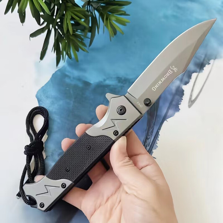瑞士折叠刀高硬度锋利开刃荒野求生户外多功能刀具防身随身便携小 灰色（进口大马士革钢）