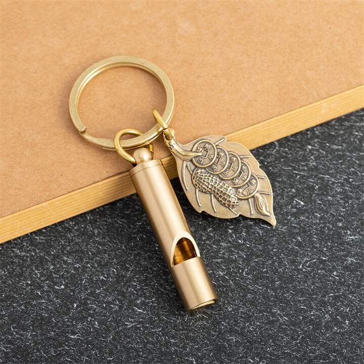 黄铜户外救生口哨子竹节钥匙扣挂件儿童比赛高音哨子登山训练装饰 【铜口哨+一夜生财】+大铜圈