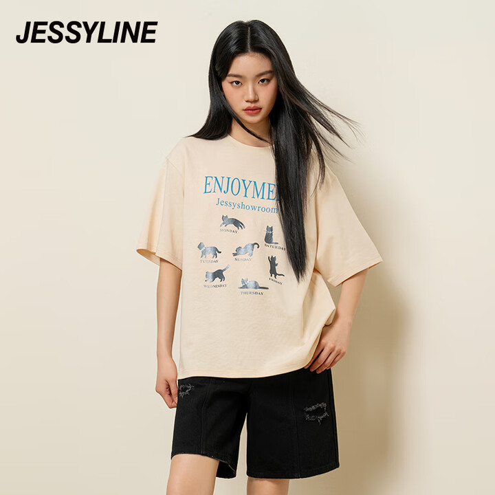 JESSYLINE杰茜莱字母宽松显瘦短袖T恤女2024春夏新...
