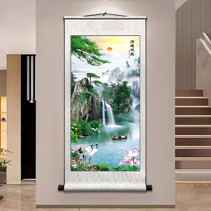 书舞堂流水生财挂画招财聚宝盆山水画靠山图办公室客餐厅玄关装饰画卷轴 财源广进--源远流长-竖版银白色款 整体尺寸:宽50厘米 高100厘米(送 ...