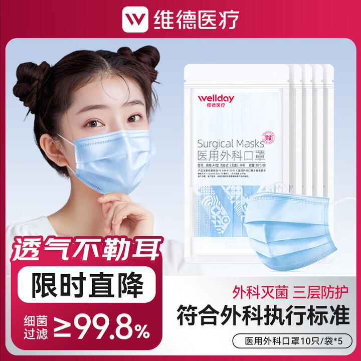 维德（WELLDAY）一次性医用外科口罩防护三层无菌级防细菌...