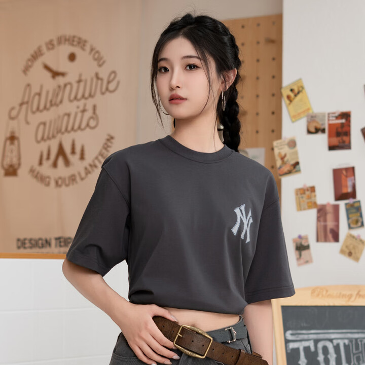 MLB官方 女装复古老花男士T恤后背logo上衣透气春装短袖3ATSM1053 纽约洋基队/炭灰色/建议拍小一码 XS 160/84A【图片 ...