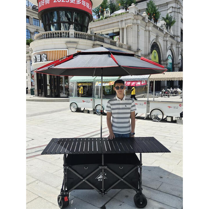 鹿营地(升级加固)摆摊推车一体摊车户外露营车带桌板大号聚拢夜市摆摊 立柱 150x72黑桌+黑车+黑伞