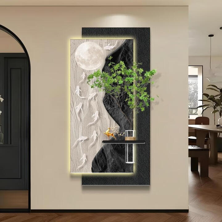 中古风水培绿植入户玄关挂画装饰画高级感砂岩画壁画走廊壁画 C砂岩质感/立体两层手工装裱叠加造型/亚克力花瓶 LED灯带/语音控制/插头款 ...
