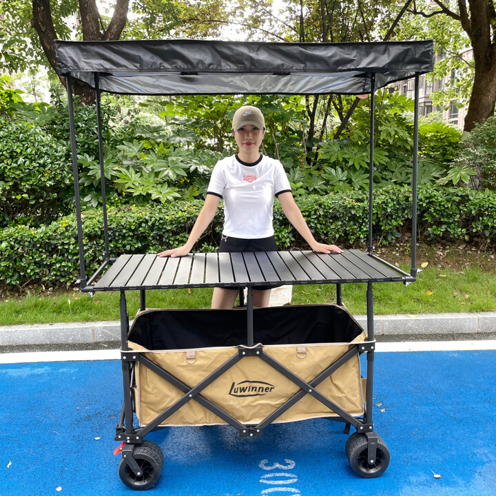 大号露营车摆摊车夜市小推车升降桌柠檬茶餐车营地野餐车聚拢折叠 车(咖)+120*60黑色桌+顶棚(黑)