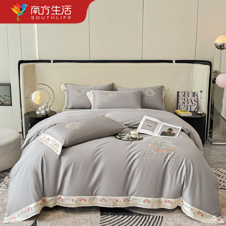 南方生活SOUTHLIFE-锦绒兰庭套件 轻奢刺绣 60支 绅士灰 床单款 (被套200*230cm)【图片 价格 品牌 报价】-京东
