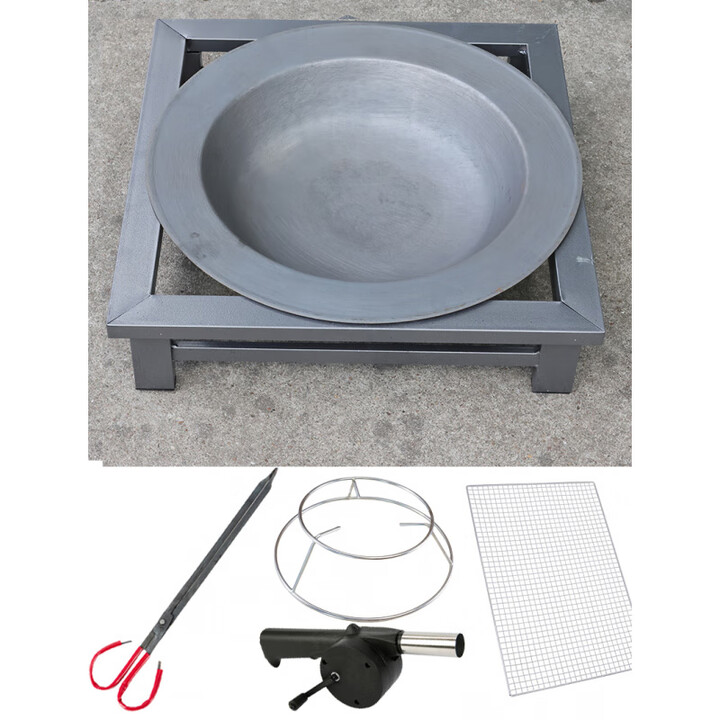 木炭取暖炉户外农村老式铁盆桌碳火盆取暖烤火盆户外围炉煮茶烧烤 四边烤火盆【铸铁盆】+火钳+双层锅架+烧烤网+鼓风