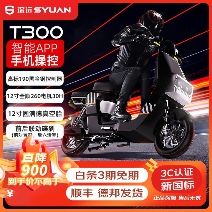 深远新款电动T300新国标电动自行车黑骑士外卖车智能电动车代...